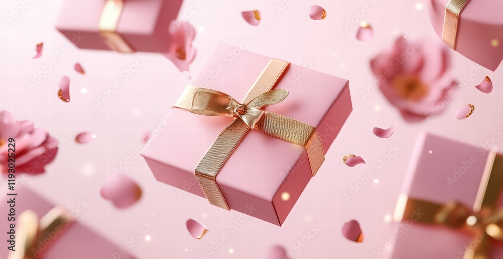 Fototapeta premium Valentine's Day banner with pink gift boxes with a golden ribbon and flying flowers on a light background. Greeting card template for Happy Valentine's Day celebration.
