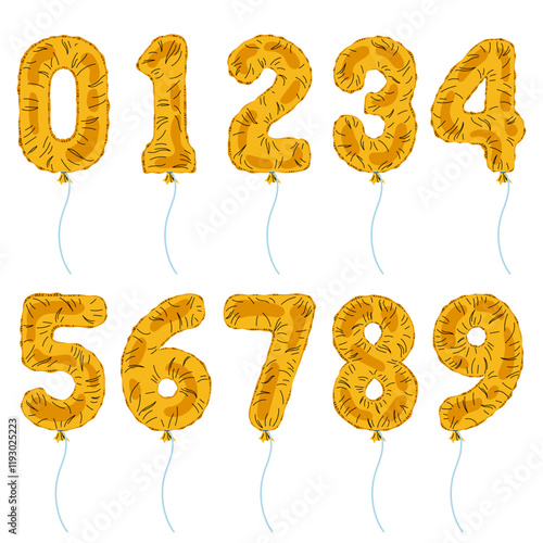 Golden numbers 0-9. Balloons for party, birthday or anniversary.  Vector cartoon numbers set isolated on a white background.