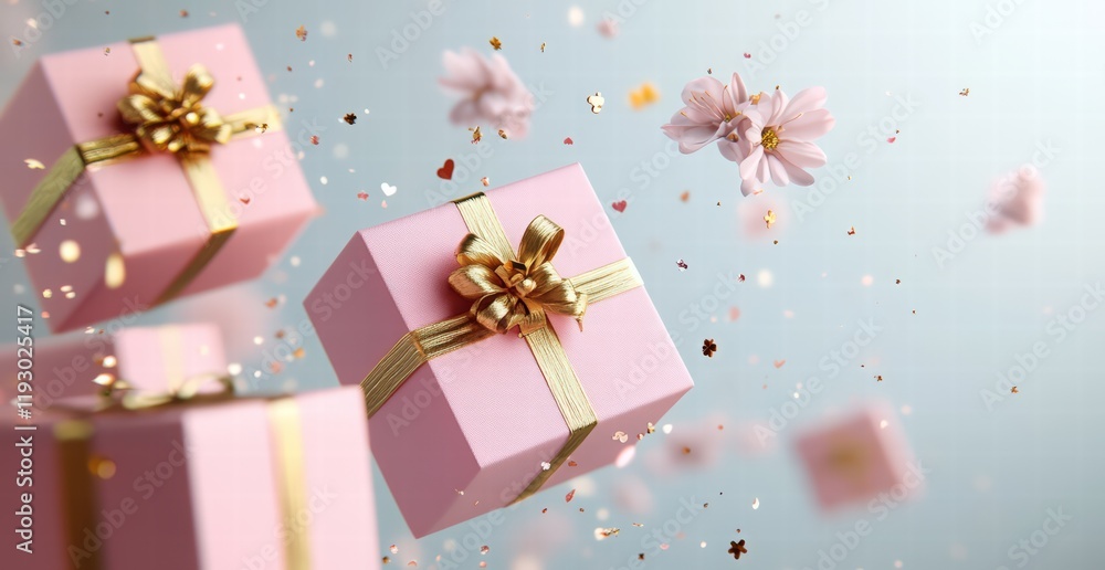 Valentine's Day banner with pink gift boxes with a golden ribbon and flying flowers on a light background. Greeting card template for Happy Valentine's Day celebration. Valentine's Day banner with pink gift boxes with a golden ribbon and flying flowers on a light background. Greeting card template for Happy Valentine's Day celebration.