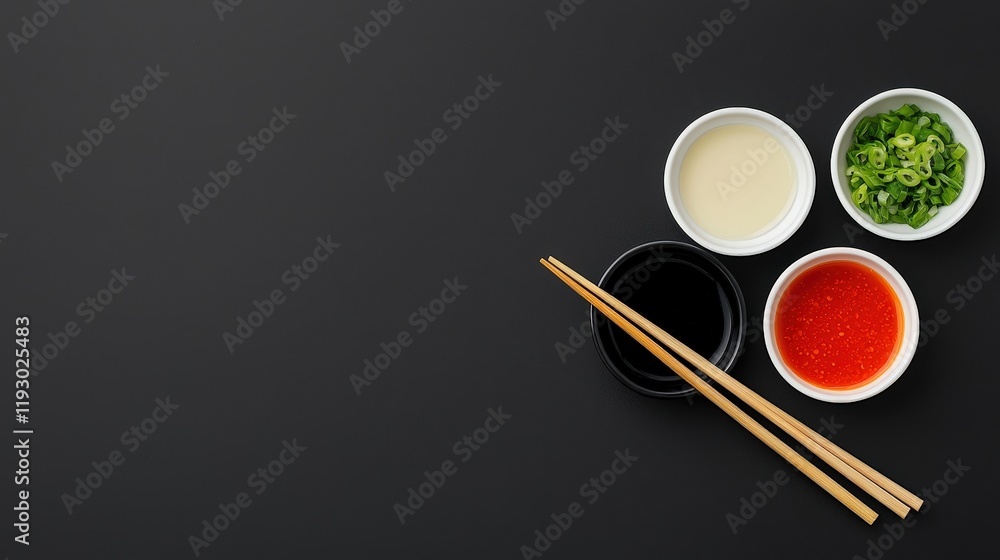 Black table featuring bowls of soup meat chops and a platter of traditional chinese dumplings with dip Black table featuring bowls of soup meat chops and a platter of traditional chinese dumplings with dip