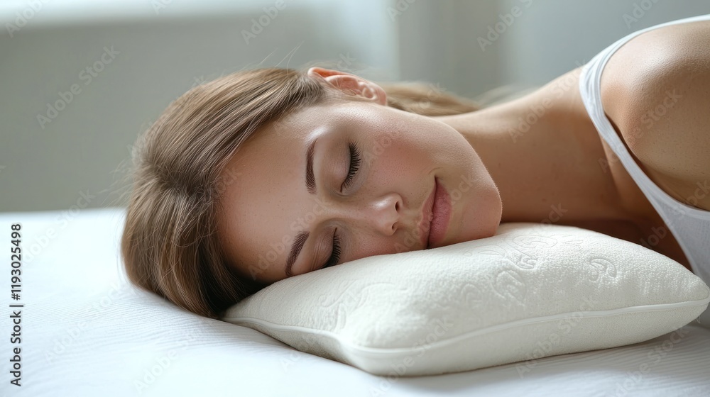 Fototapeta premium A woman resting her head on a pillow, drifting off into a peaceful sleep.