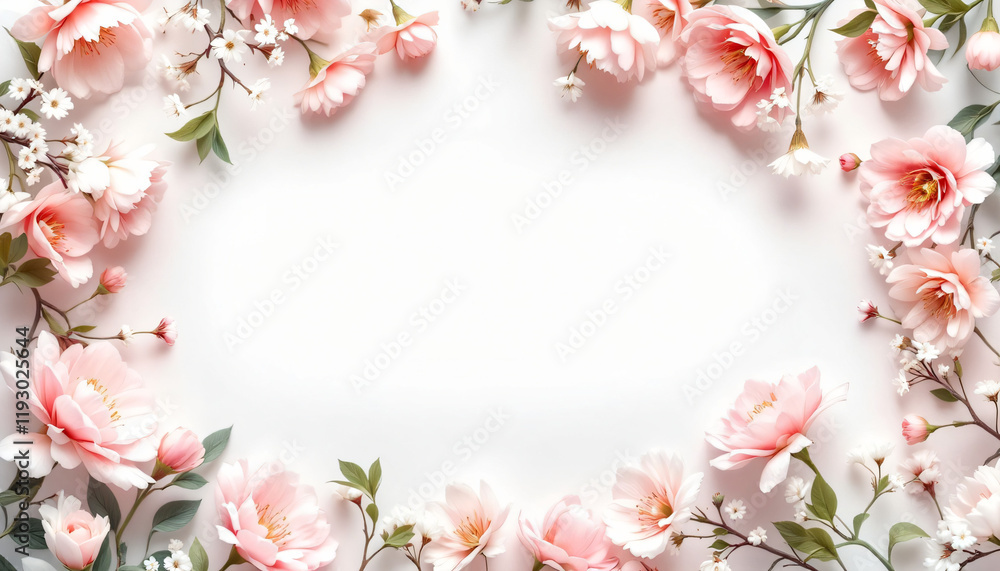 Obraz premium Floral composition with pink flowers and green leaves on a white background copy space 