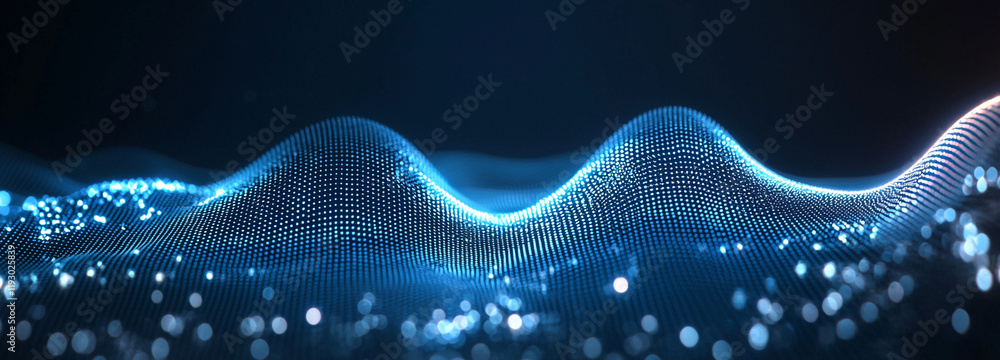 This image shows a blue wave-like pattern formed by numerous glowing points of light against a dark background. This image shows a blue wave-like pattern formed by numerous glowing points of light against a dark background.