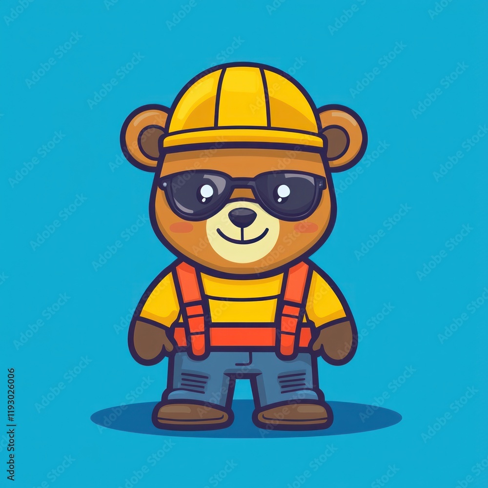 Cool construction bear, blue background, safety gear, child's illustration, for kids' books Cool construction bear, blue background, safety gear, child's illustration, for kids' books