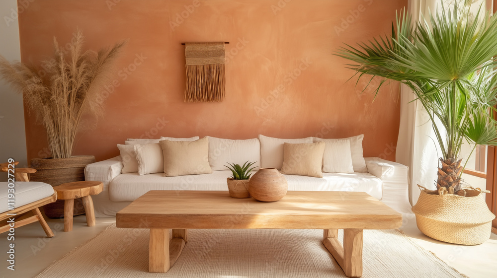 Fototapeta premium Wooden coffee table with decorative vases and a beige sofa in front of a terracotta wall. Boho-inspired modern tropical living room interior design with earthy tones, minimalist furniture, and cozy ho