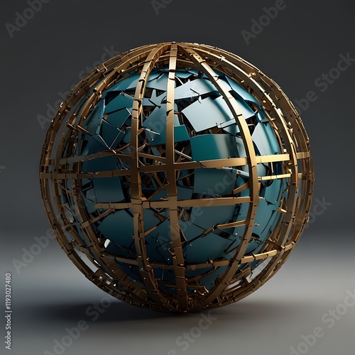 Fragmented Sphere: A sphere that appears broken apart, each fragment connected by thin rods.  Unity of disparate elements. Abstract and Geometric Sculptures
