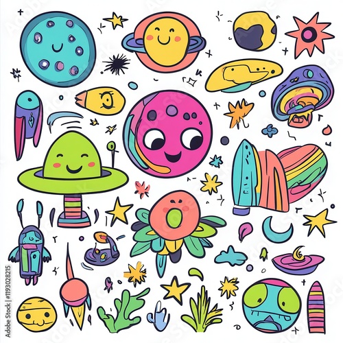 Explore delightful 70s groovy elements with cute aliens, spaceships, and vibrant smiley faces in a retro-inspired collection. Generative AI