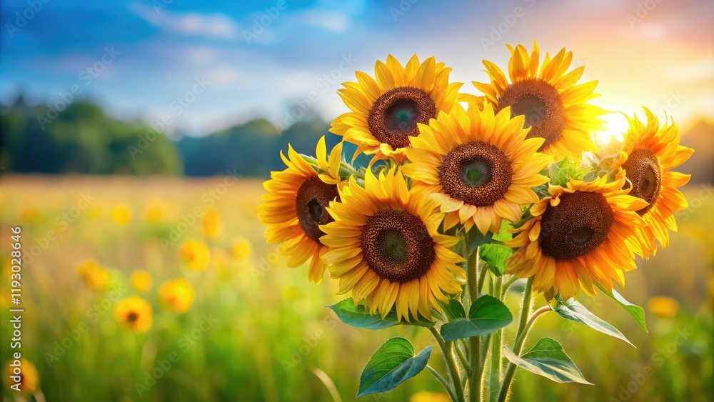 Fototapeta premium A colorful bouquet of sunflowers standing upright in a field, yellow flowers, floral arrangement, garden flowers, bright colors