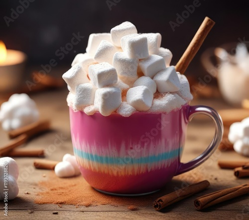 A colorful cup filled with fluffy marshmallows and topped with a cinnamon stick garnish, sweet confections, autumn decor, dessert toppings photo