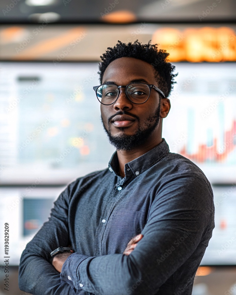 Obraz premium African-American Data Engineer with Glasses and Crossed Arms in a Professional Workspace with Technology.