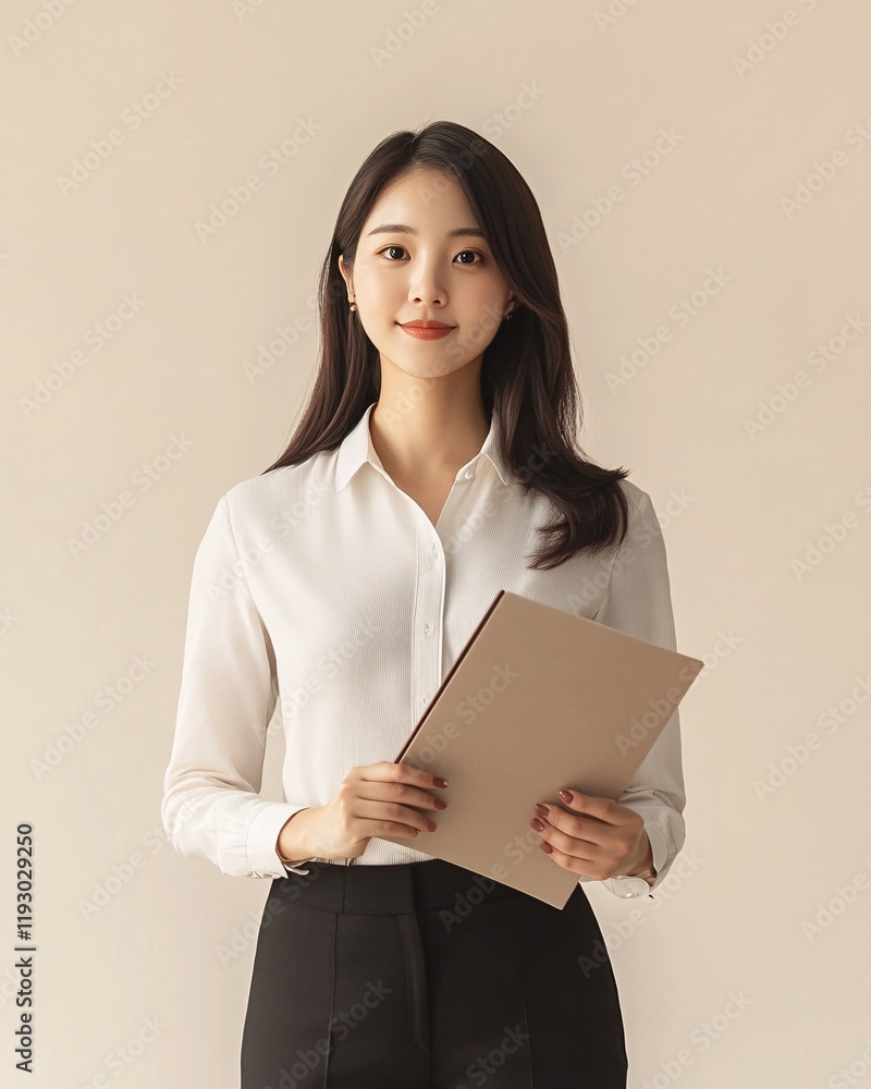 Asian Female Administrative Assistant in a White Blouse Holding a Folder in a Bright Office Setting Asian Female Administrative Assistant in a White Blouse Holding a Folder in a Bright Office Setting