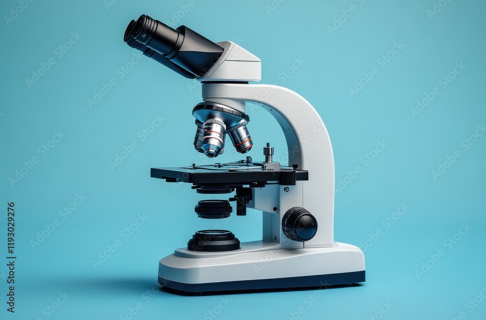 Laboratory Microscope on a Blue Background, Scientific Research Equipment for Biology, Chemistry, and Education, Precision Tool for Observing Tiny Organisms and Samples Laboratory Microscope on a Blue Background, Scientific Research Equipment for Biology, Chemistry, and Education, Precision Tool for Observing Tiny Organisms and Samples