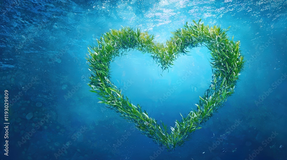 Seagrass forming a heart shape, symbolizing conservation in a serene underwater scene Seagrass forming a heart shape, symbolizing conservation in a serene underwater scene