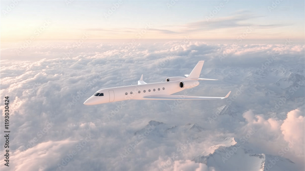 Above the Clouds: A sleek private jet soars gracefully above a breathtaking expanse of fluffy clouds, illuminated by the soft glow of the setting sun. The scene evokes a sense of luxury, freedom. Above the Clouds: A sleek private jet soars gracefully above a breathtaking expanse of fluffy clouds, illuminated by the soft glow of the setting sun. The scene evokes a sense of luxury, freedom.