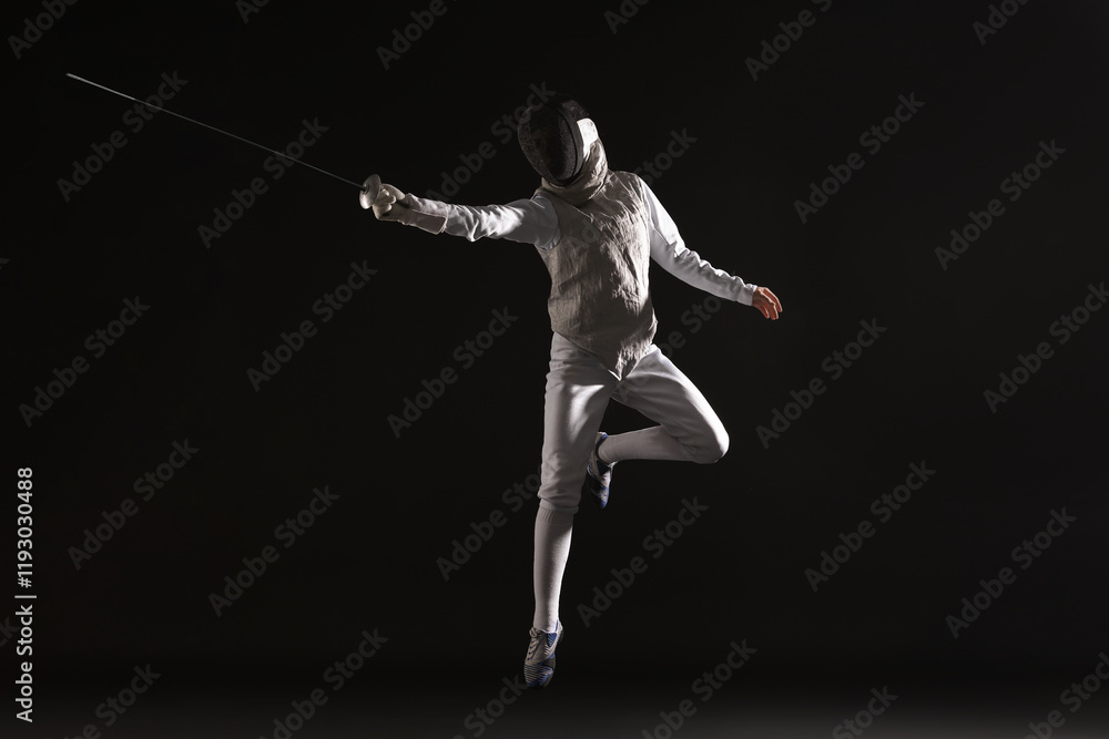 Fencer with epee practicing on black background Fencer with epee practicing on black background