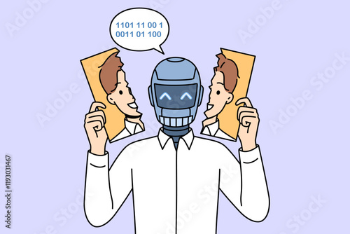 Robot pretends to be human, hiding its face behind photograph, for dystopia about replacing people with cyborgs. Humanoid robot in business clothes uses mask to simulate professional activities