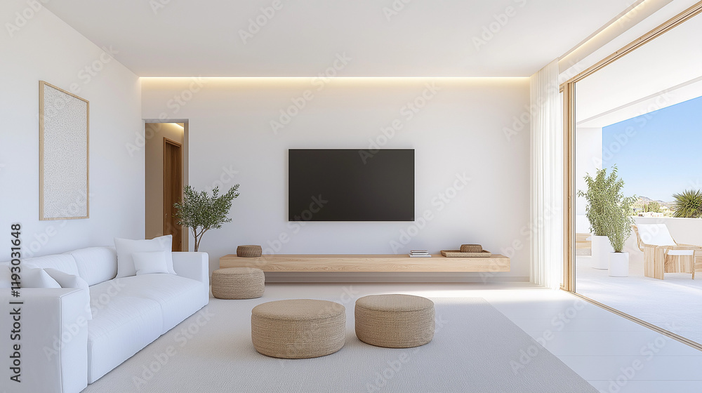 Fototapeta premium Modern Minimalist Living Room: A serene and stylish living room features a minimalist design with a white sofa, light wood accents, and a large flat-screen TV.