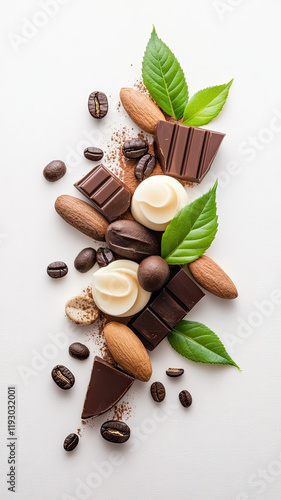 Wallpaper Mural Assorted chocolate pieces with coffee beans, almonds, and green leaves on white background Torontodigital.ca