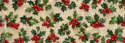 A Christmas decoration featuring a red and green holly-like pattern with berries on a tan background , decor, tan, berries