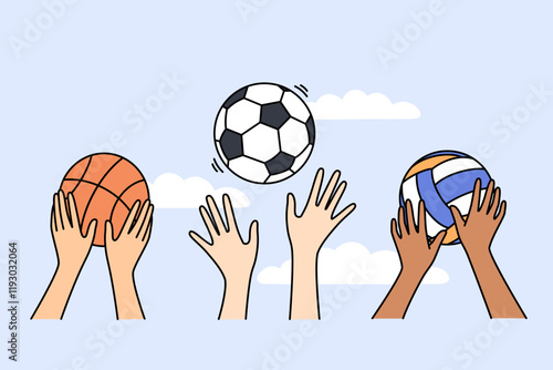 Sports balls in hands of people playing football or basketball and volleyball to maintain good physical shape. Sports balls for active lifestyle and children interested in team games