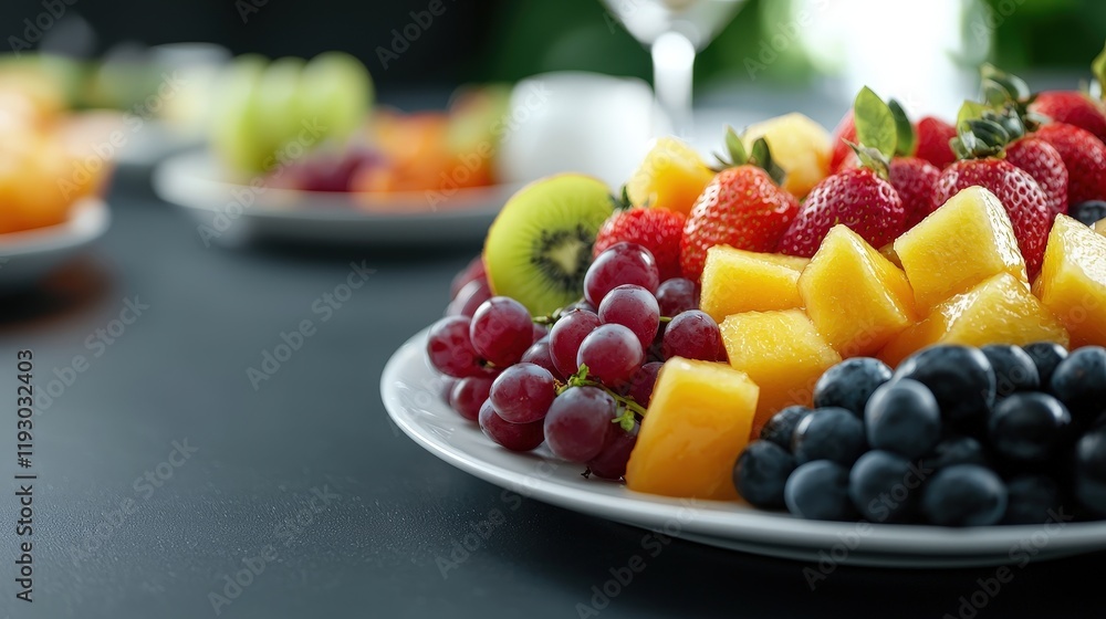 Plate of assorted fresh fruit and glass of wine on a banquet table with vibrant fruit platters Plate of assorted fresh fruit and glass of wine on a banquet table with vibrant fruit platters