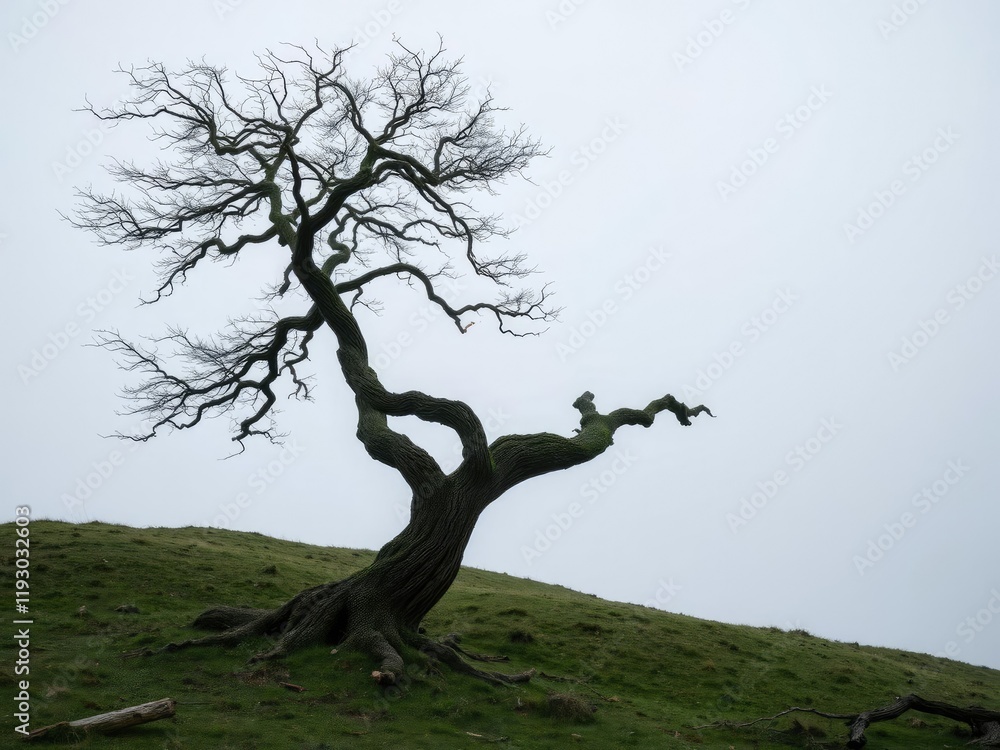 A lone tree with twisted trunk and branches swaying gently in the cold wind, snowy landscape, winter scene A lone tree with twisted trunk and branches swaying gently in the cold wind, snowy landscape, winter scene