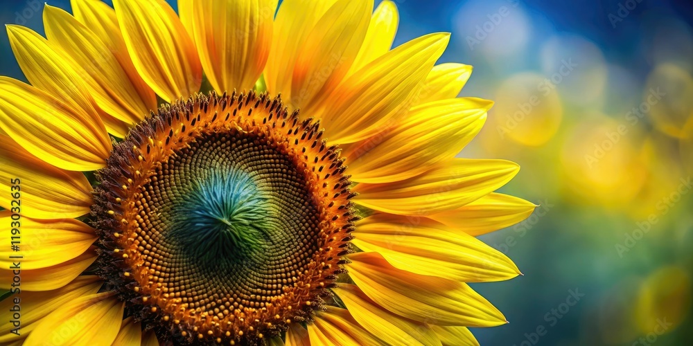 Fototapeta premium A close-up of a bright yellow sunflower face with large petals and dark center, sunflowers, garden, illustration, ray, drawing