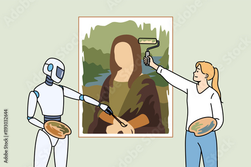 Creation of artwork using artificial intelligence and neural networks demonstrates person and humanoid drawing picture. Process of making artwork by AI robot and female professional artist
