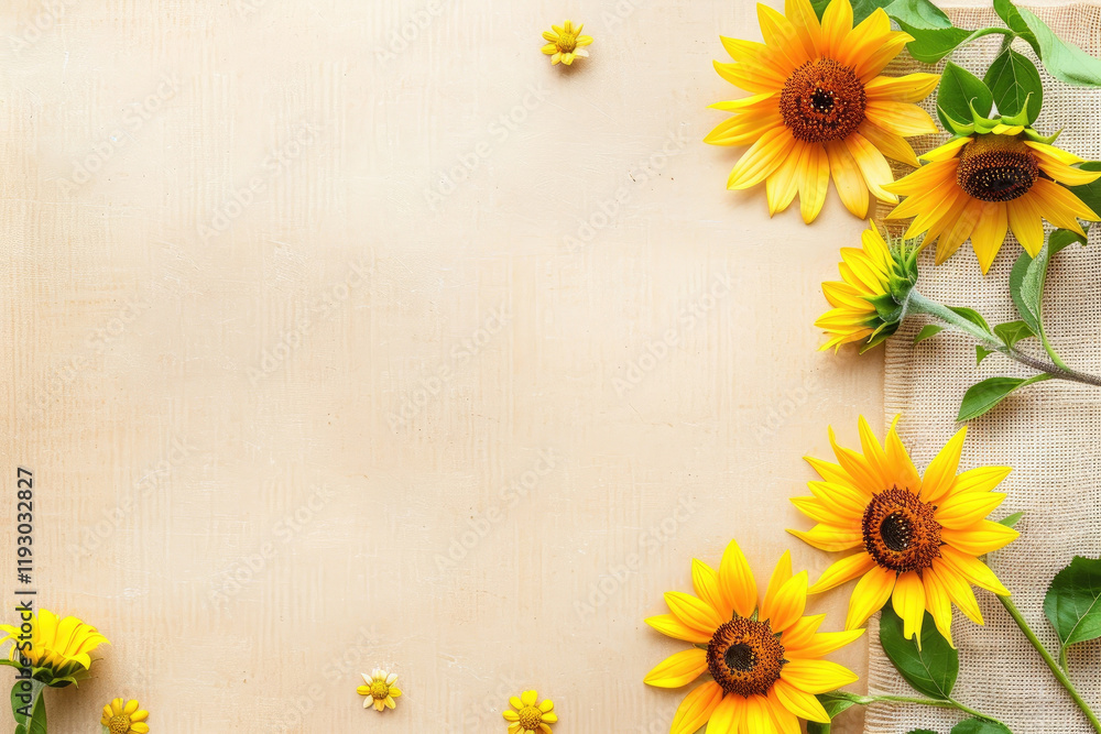 Sunflowers on rustic burlap background with beige textured surface Sunflowers on rustic burlap background with beige textured surface