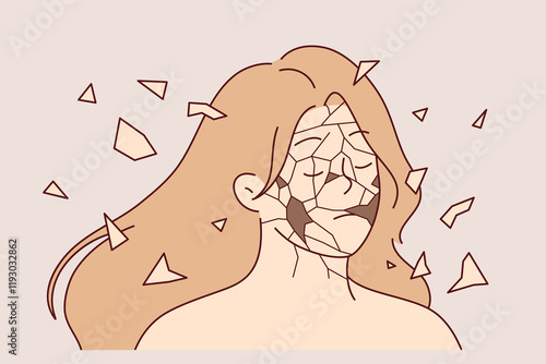 Problems of psychological disintegration in woman, with face falling apart into fragments due to severe stress. Girl suffers from psychological collapse and needs help of psychotherapist
