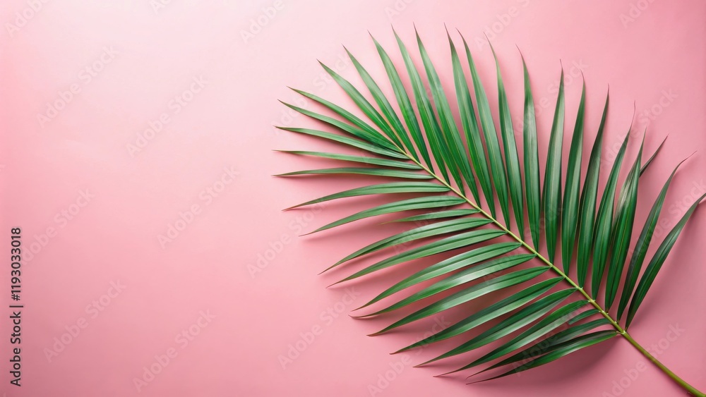 Fototapeta premium Vibrant Green Palm Frond on a Soft Pink Background, Ideal for Summer Designs and Tropical Themed Projects