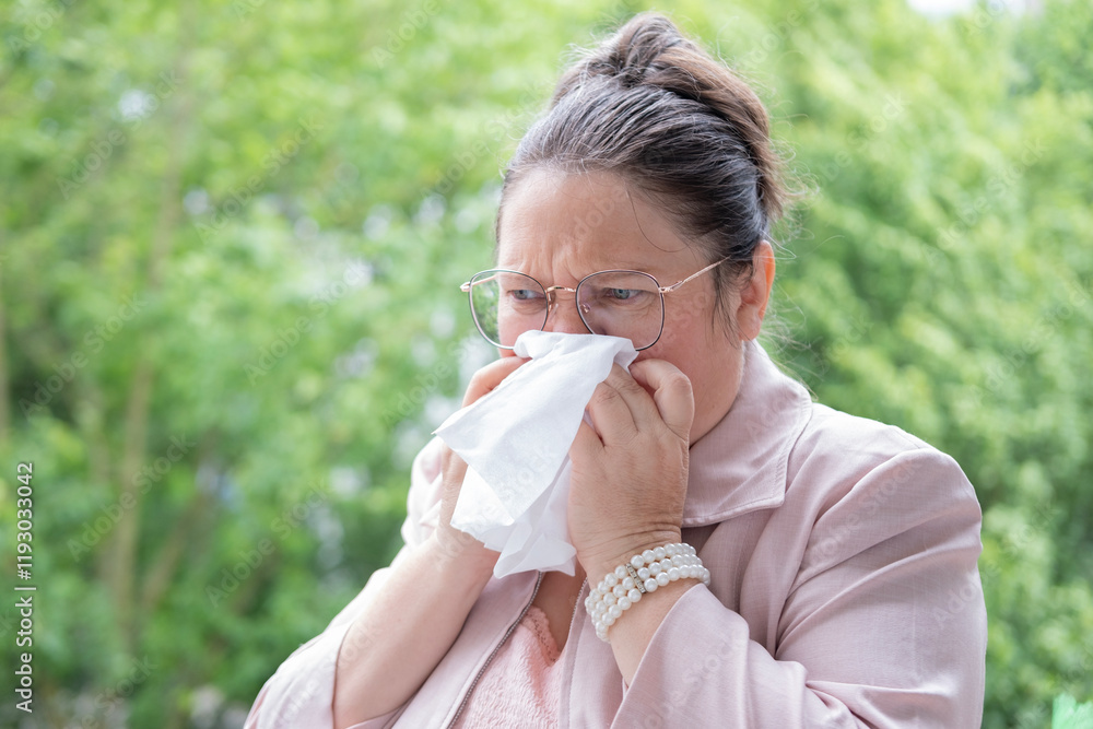 middle-aged businesswoman uses tissue to blow nose, indicating health issues, immune system, seasonal illness, respiratory symptoms