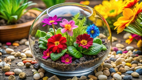 A close-up of colorful flowers blooming in a small terrarium filled with soil and pebbles, houseplant, botanical, flowers, greenery, living space