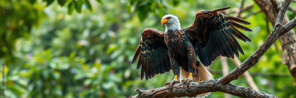 Fototapeta premium A majestic eagle perched atop a forest tree branch with its wings spread wide and feathers ruffled, set against a soft blur of foliage in the background, silhouette, flying high