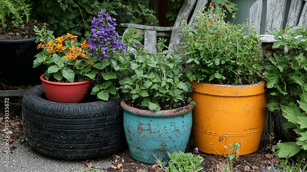 Vibrant planters featuring colorful flowers in a charming outdoor setting. Vibrant planters featuring colorful flowers in a charming outdoor setting.