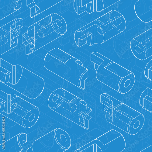 Mechanical engineering drawings on blue background. Cutter, assembly tool with replaceable multi-faceted plate. Technical Design. Cover. Blueprint. Vector illustration.