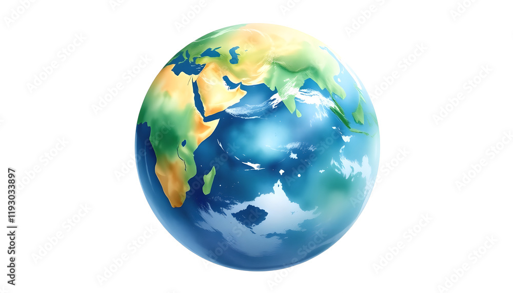 Fototapeta premium Planet Earth isolated on white background. Hand drawn watercolor illustration. Space object, asian style