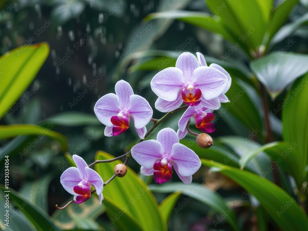 Naklejka premium A cluster of exquisite orchids blooms together in a beautiful arrangement amidst the lush foliage of a tropical garden on a rainy morning, blooming flowers, botanicals