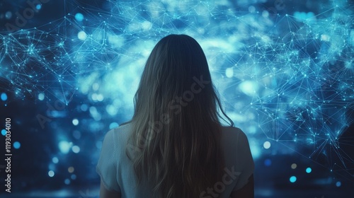 Backview Of Caucasian Woman Connecting to Animated Stream Of Content. Visualization Of Browsing Metaverse Big Data with Viral Videos, Social Media Profiles with Influencers, Generative Ai
