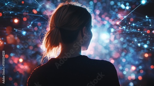 Backview Of Caucasian Woman Connecting to Animated Stream Of Content. Visualization Of Browsing Metaverse Big Data with Viral Videos, Social Media Profiles with Influencers, Generative Ai