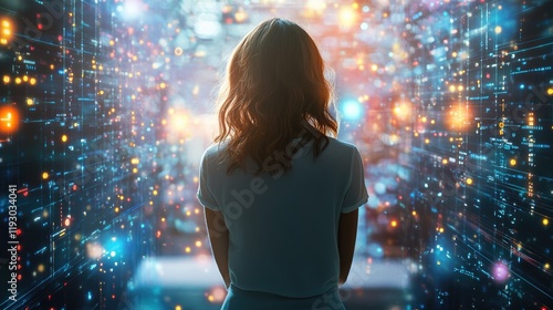 Backview Of Caucasian Woman Connecting to Animated Stream Of Content. Visualization Of Browsing Metaverse Big Data with Viral Videos, Social Media Profiles with Influencers, Generative Ai