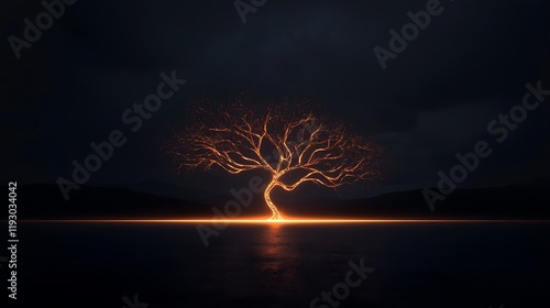 Illuminated tree at twilight by the water, casting a warm glow against a dark sky