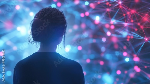 Backview Of Caucasian Woman Connecting to Animated Stream Of Content. Visualization Of Browsing Metaverse Big Data with Viral Videos, Social Media Profiles with Influencers, Generative Ai