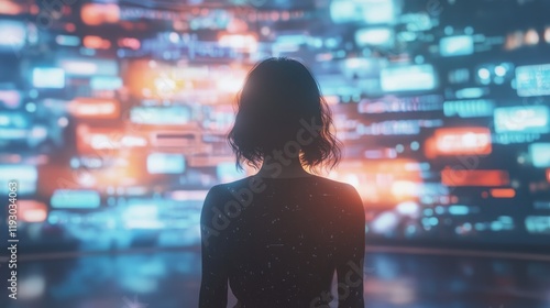 Backview Of Caucasian Woman Connecting to Animated Stream Of Content. Visualization Of Browsing Metaverse Big Data with Viral Videos, Social Media Profiles with Influencers, Generative Ai