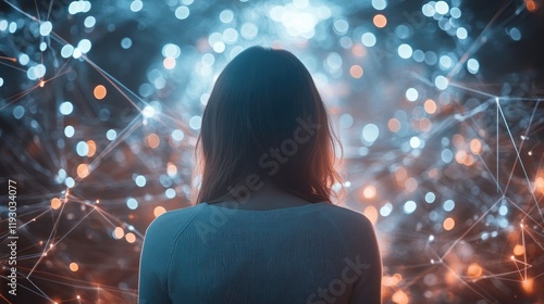 Backview Of Caucasian Woman Connecting to Animated Stream Of Content. Visualization Of Browsing Metaverse Big Data with Viral Videos, Social Media Profiles with Influencers, Generative Ai