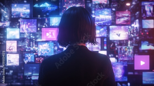 Backview Of Caucasian Woman Connecting to Animated Stream Of Content. Visualization Of Browsing Metaverse Big Data with Viral Videos, Social Media Profiles with Influencers, Generative Ai