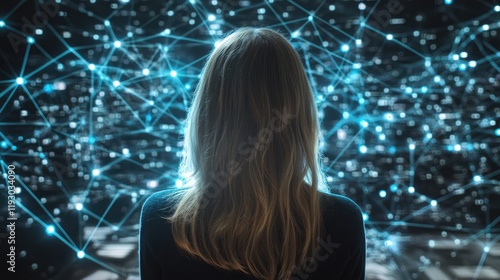 Backview Of Caucasian Woman Connecting to Animated Stream Of Content. Visualization Of Browsing Metaverse Big Data with Viral Videos, Social Media Profiles with Influencers, Generative Ai