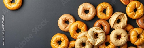 A cluster of multicolored bagels scattered across a dark surface, artwork, creative, food photo