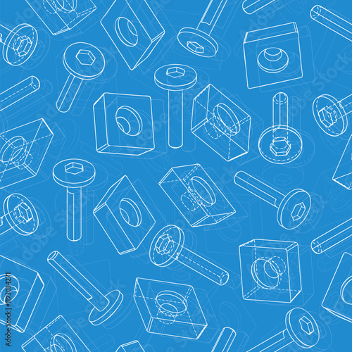 Mechanical engineering drawings on blue background. Cutter, assembly tool with replaceable multi-faceted plate. Technical Design. Cover. Blueprint. Vector illustration.