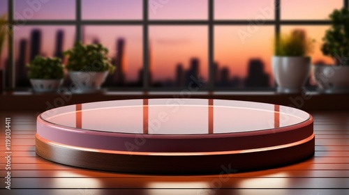 Empty Round Thin Glass Podium with Soft Lighting in Modern Interior During Sunset